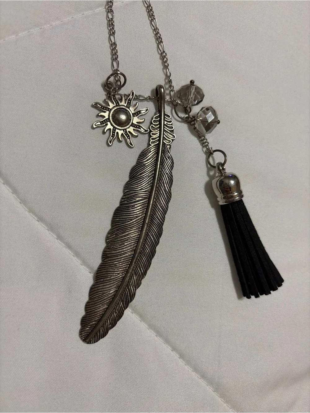 Boho Silver Tone Feather Sun Crystal Faceted Black Tassel Long Necklace